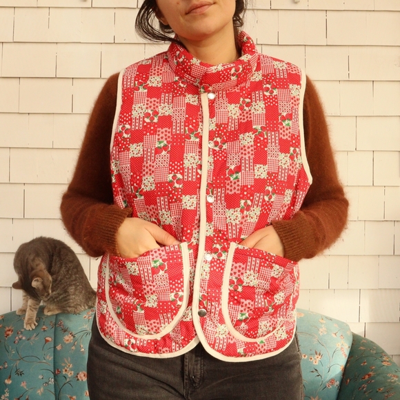 Handmade Jackets & Blazers - Upcycled Strawberry Patchwork Quilted Vest Vintage Cottagecore Red L